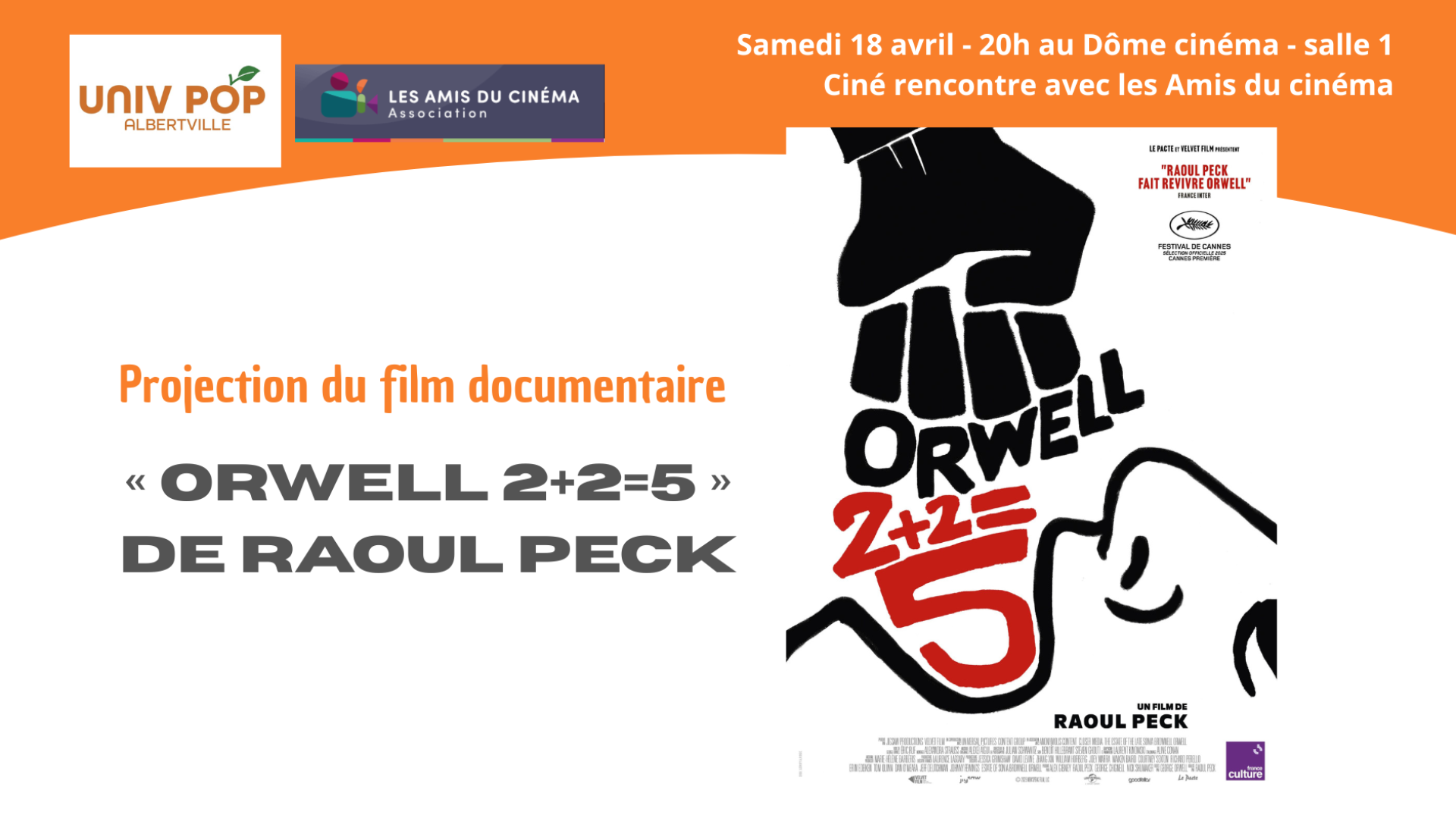 Ciné rencontre avec les Amis du cinéma : Documentaire de Raoul Peck :   « Orwell 2 + 2 = 5 »