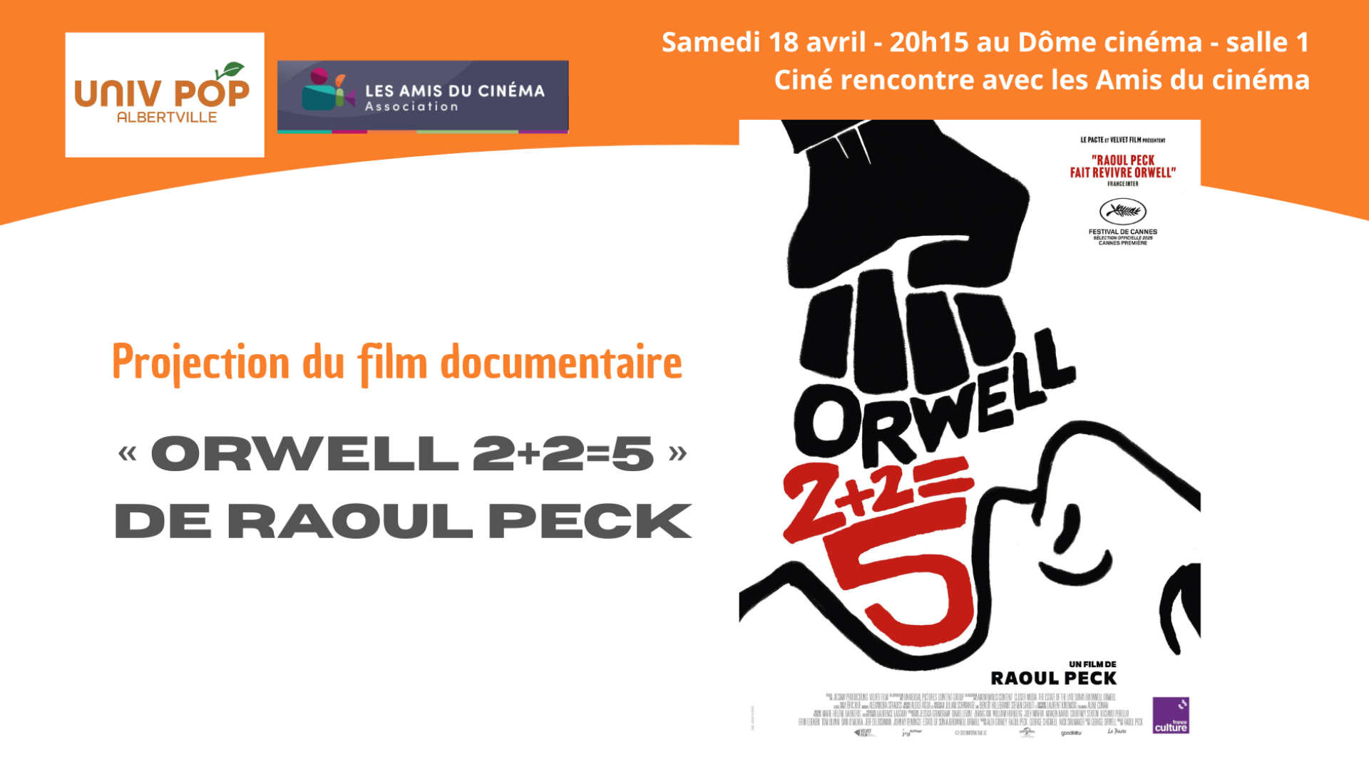 Ciné rencontre avec les Amis du cinéma : Documentaire de Raoul Peck :   « Orwell 2 + 2 = 5 »